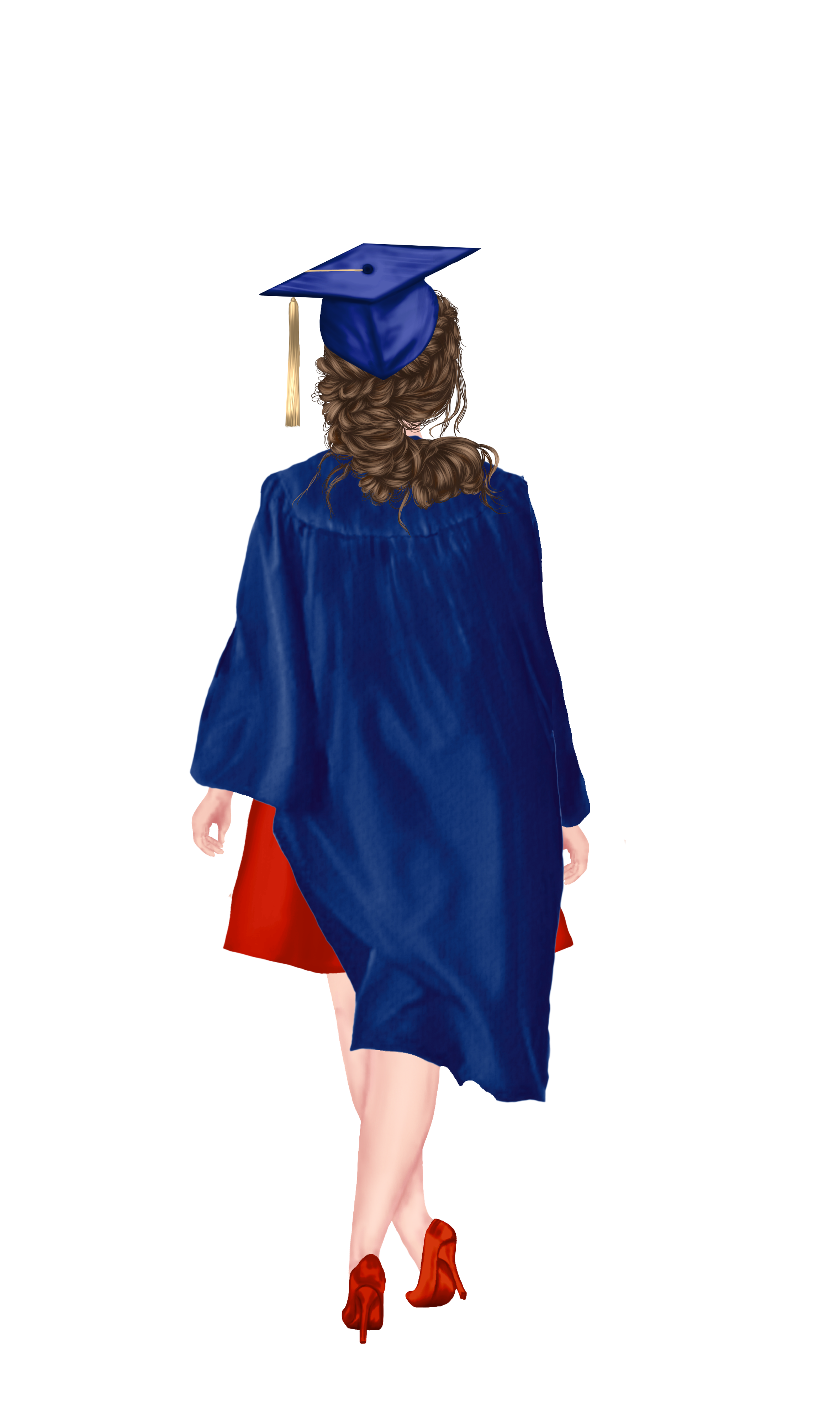 Two women wearing blue graduation gowns and caps from behind on a white background